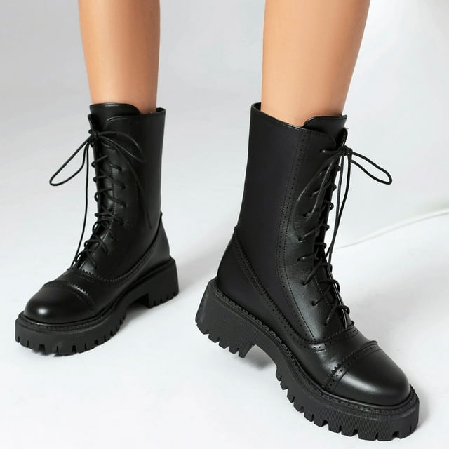 zhenglin Bottines à Lacets pour Femmes à Talon Bas Bout Rond - Bottillons Décontractés Style Britannique Audacieux pour l'Automne et l'Hiver, Design Tendance Chic Polyvalent avec Esthétique Douce et Cool