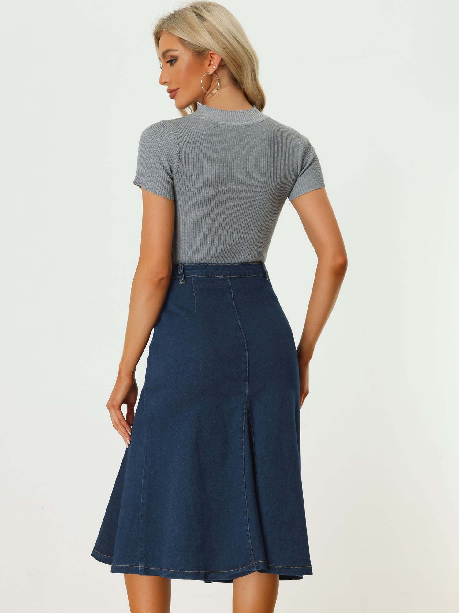 DARING DIVA Women's High Waisted A-Line Flared Midi Casual Denim Skirt M Dark Blue