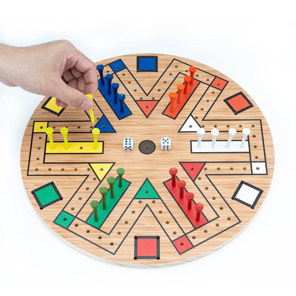 Fast Track Board Game, Peg Game Wooden Board with 24 Colored Pegs & 2 Dices, Fast Track Game for 6 Players, Family Friends Game for Kids Teens Adults, 14 Inches