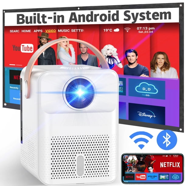 Proyector Exterior con Sistema Android, Mini Proyector con WiFi 5G y Bluetooth, Compatible con teléfono, USB, Aplicación Integrada Netflix, Youtube, Proyector Max 300” Full HD 1080P Soporte de Zoom 4D