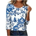 thumbnail image 2 of NTACZA 3/4 Sleeve Tops for Women Blue Hawaiian Round Neck Floral Blouses Ladies Blouses L, 2 of 7