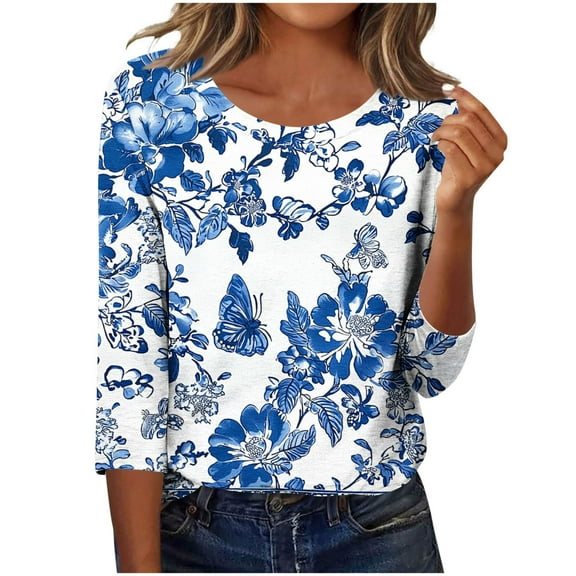 CYMMPU Spring Tunic Tops Boho Blouses for Women Dressy Casual Fall Fashion Shirts Loose Fit Floral Printed Round Neck 3/4 Sleeve Lightweight Basic T-Shirts Blue S