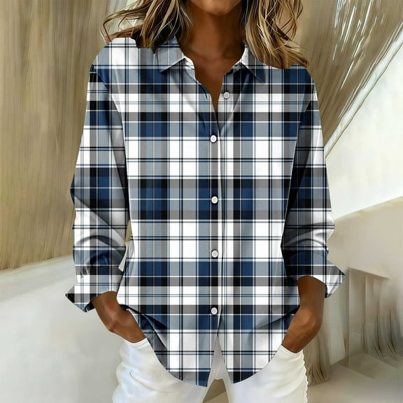 YHAJDS Womens Tops Plaid Print Breasted Long Sleeve Spring Summer Casual Shirt