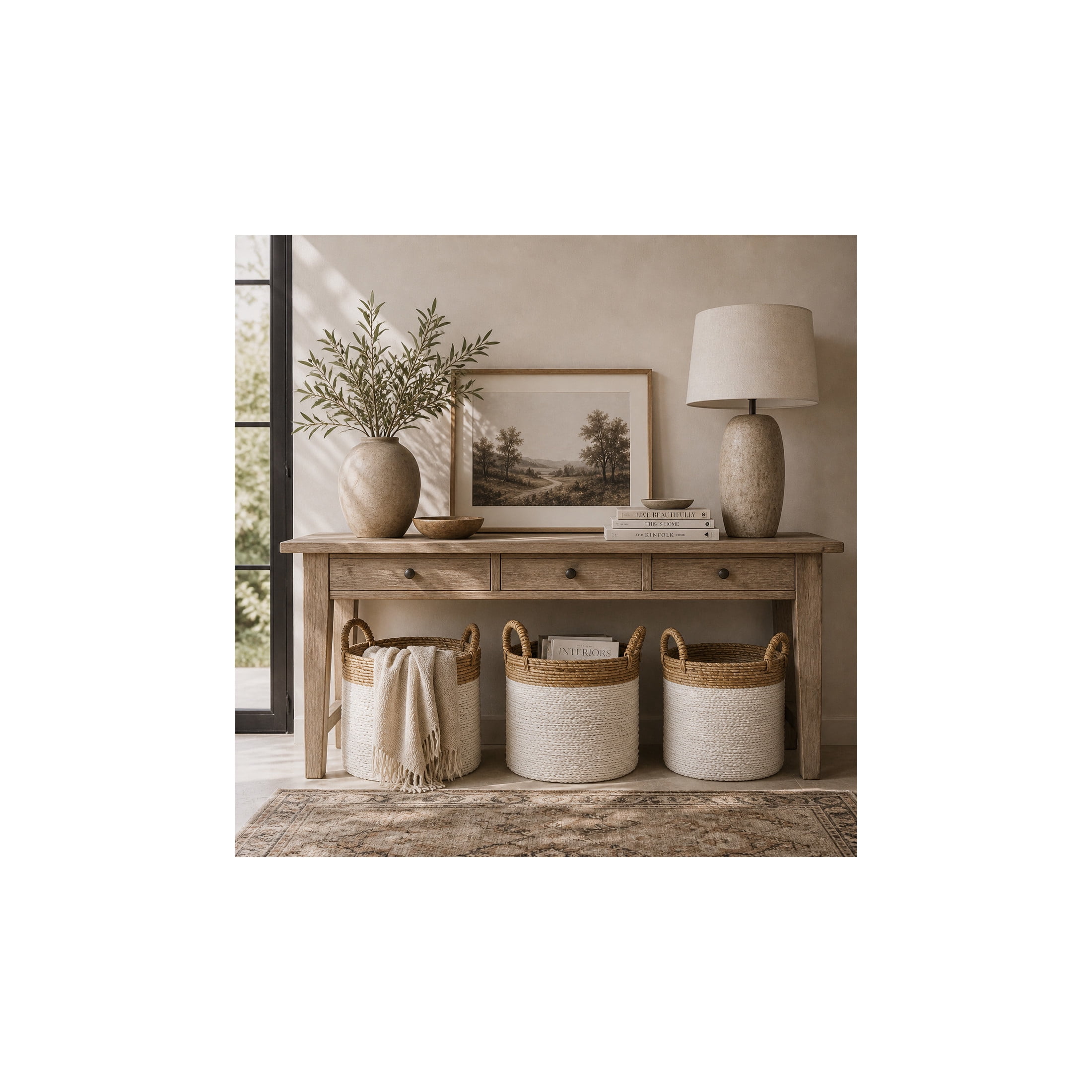 DecMode 16", 14", 13"W White Seagrass Handmade Two Toned Storage Basket with Handles, 3-Pieces