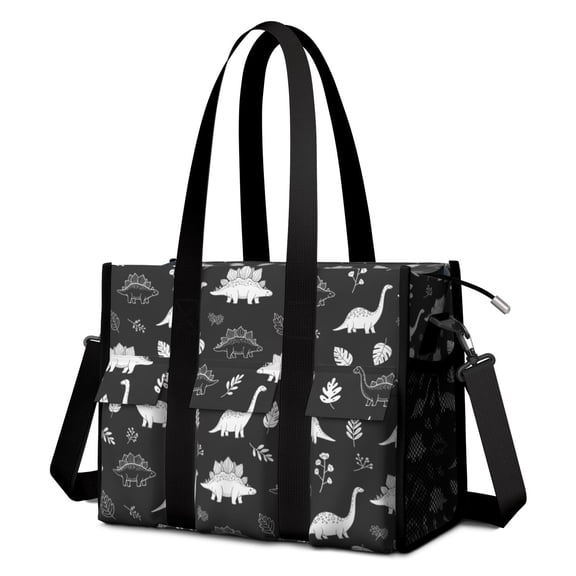 Teacher Tote Bag,Black White Dinosaur Skeletons Bold Teacher Utility Tote Bag,Large Work Tote Bags for Women with Multiple Pockets,Top Zipper Closure,13.8x10.6x6.7 Inch