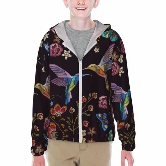 Xecao Humming Bird Print Fishing Shirts for teenager Long Sleeve UV Sun Protection Hoodie with Zipper Outdoor Hiking Shirts-XX-Large