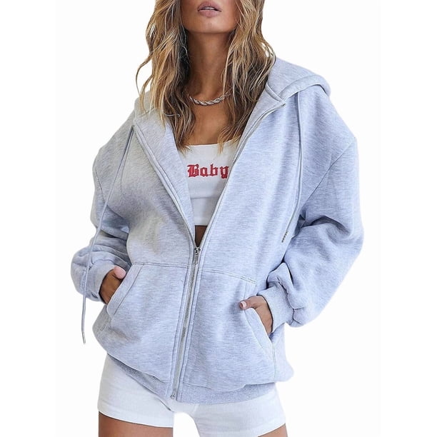 Sudaderas con Capucha y Cremallera para Mujer, Sudaderas Extragrandes, Conjuntos de Moda Escolar para Otoño, Chaquetas Informales, Ropa de Invierno Gris L