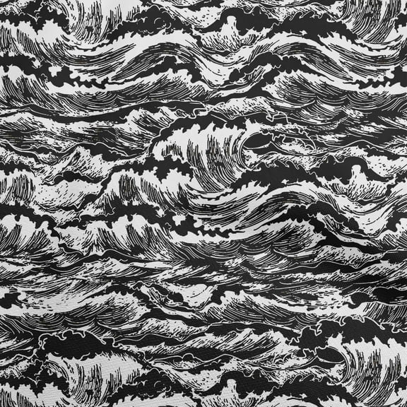 oneOone Polyester Spandex Black Fabric Asian Japanese Wave Dress Material Fabric Print Fabric By The Yard 56 Inch Wide