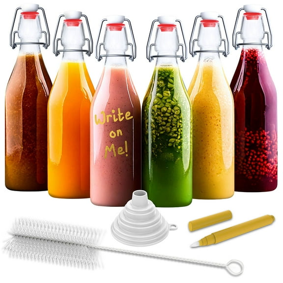 Nevlers 17 oz Round Swing Top Glass Bottles (Pack of 6) | Includes Funnel, Brush and Marker