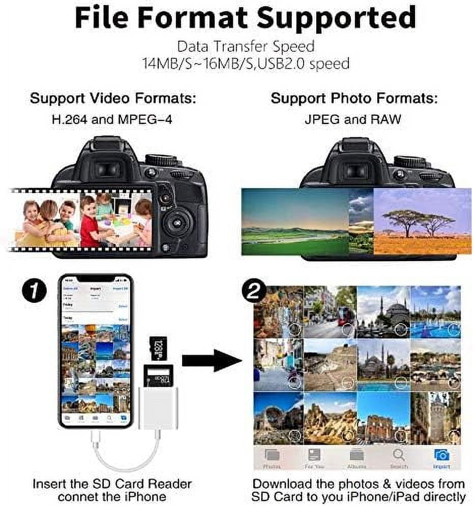 2 in 1 Lightning to SD Card Reader for iPhone,Dual Slot Micro SD TF Trail Game Camera Memory Card Reader Adapter, Quickly Transfer Photos Videos Plug and Play