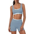 thumbnail image 3 of YHCY Womens Striped Workout Sets 2 Piece Double Layer Yoga Set Wide Strap Sports T Shirt Bra Elastic High Waisted Tummy Control Biker Shorts Stretchy Soft Lounge Athletic Sets Sky Blue Xl, 3 of 7