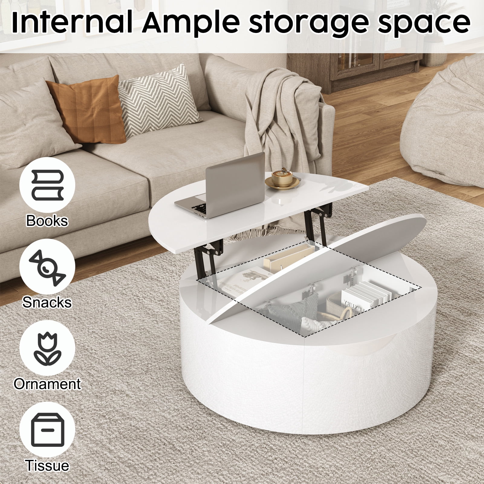 ANPOO Round Lift Top Coffee Table with Storage, Modern High Gloss Coffee Table with Hidden Storage Space, Circular Center Table for Livingroom, Small Space, Small Space, Apartment