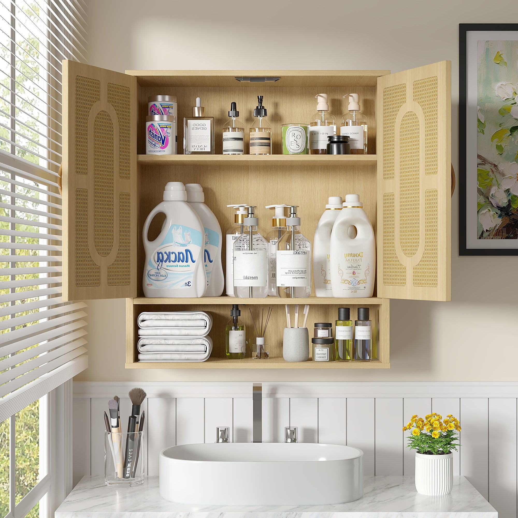 VECELO Wall Storage Cabinet, Medicine Cabinet with Adjustable Wood Shelf & Double Doors, Over The Toilet Storage Cabinet for Bathroom, Kitchen, Natural