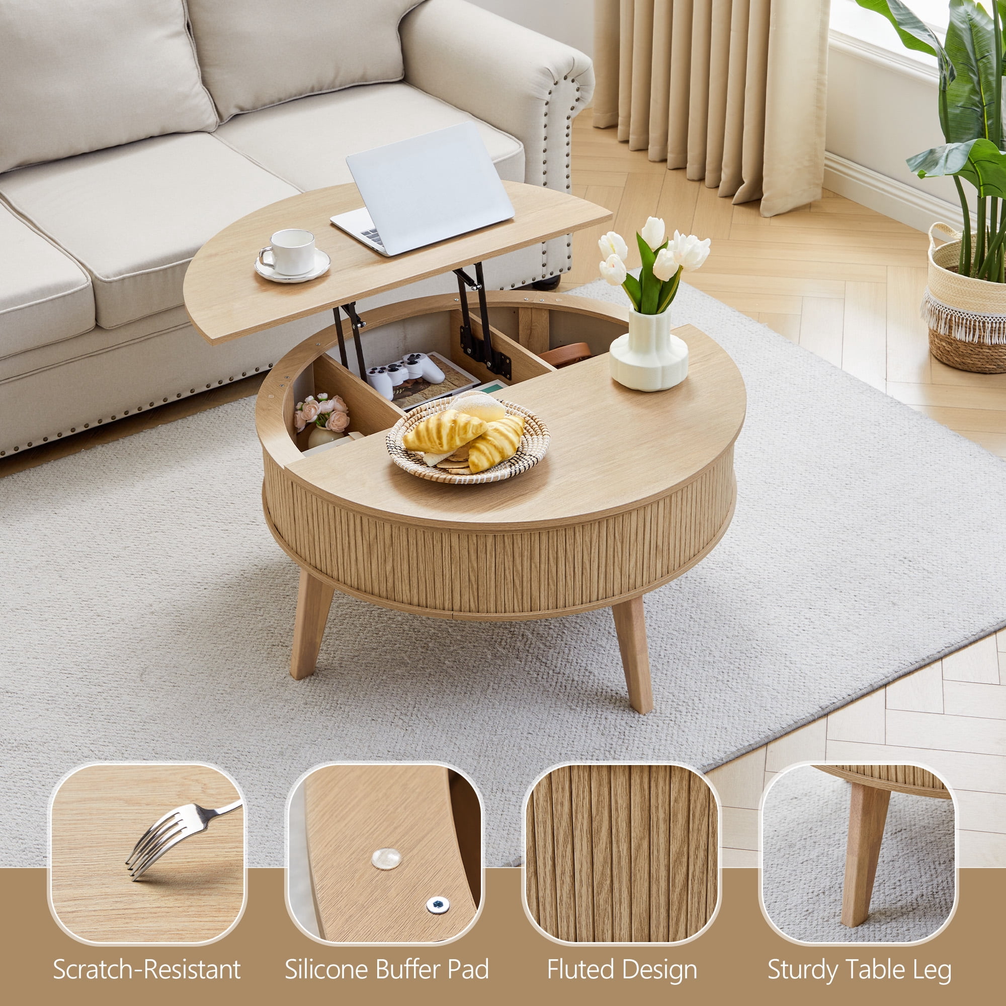 PHOYAL 4 in 1 Fluted Round Coffee Table with Flip Top and Lift Top, Round Coffee Table with Hidden Compartments Storage for Living Room, Natural