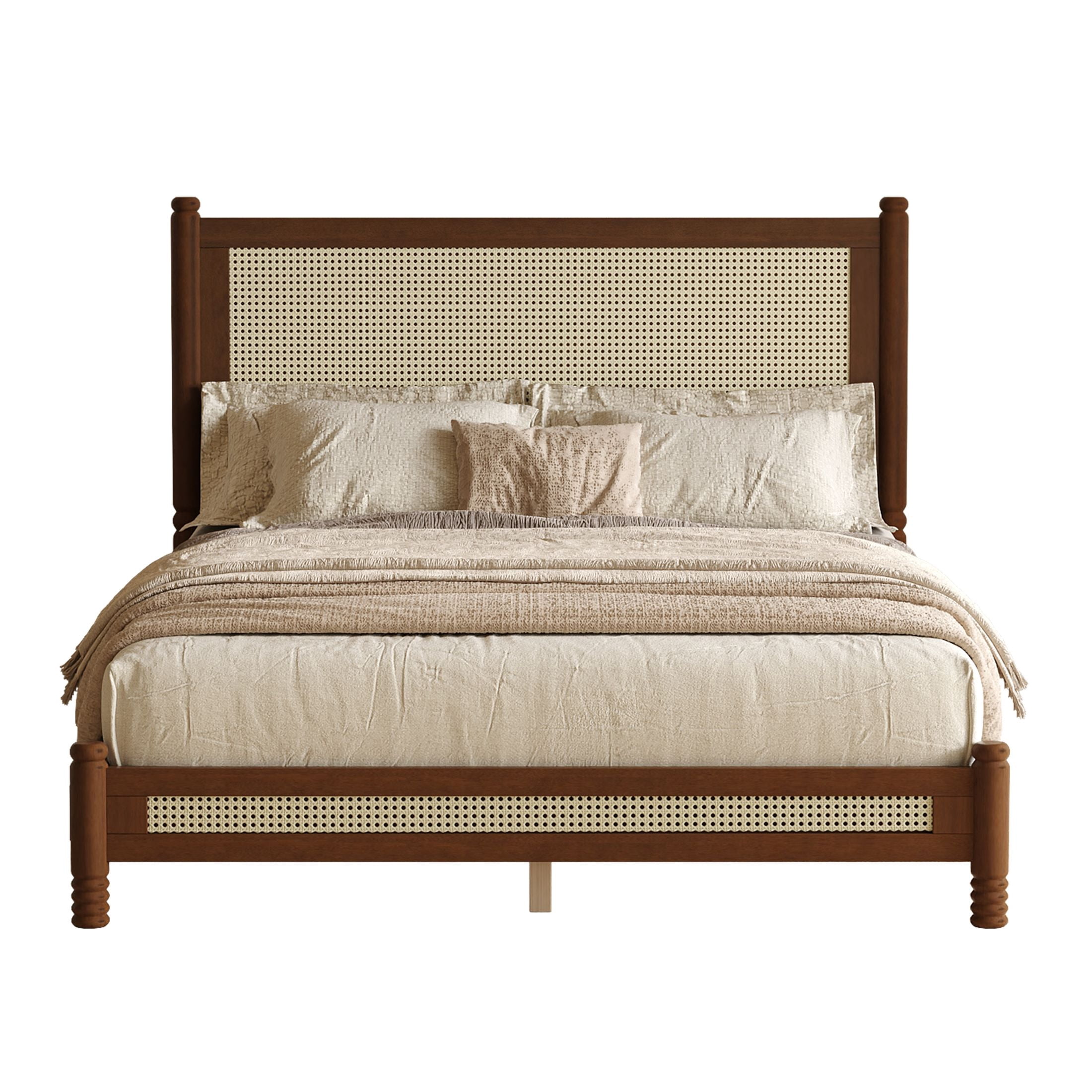 GDF Studio Annes Full Size Boho Rattan Platform Bed Frame with Turned Legs, Woven Cane Pine Wood Bed Frame, Walnut