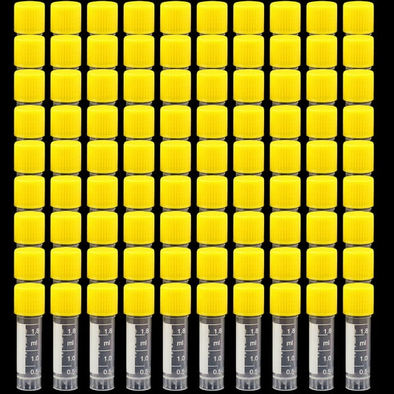 100Pcs 2ml Yellow Lab Plastic Frost Test Tubes Vial Seal Cap, Graduated Marks Centrifuge Tubes Skirted Conical Bottom for Laboratory School Educational