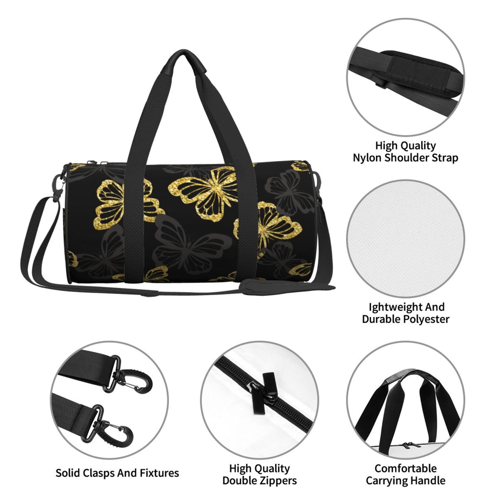 Vsdgher Golden Glitter Butterflies 45L Foldable Duffel Bag, Sports Gym Bag,Overnight Bag, Portable Weekender Bag for Airplanes