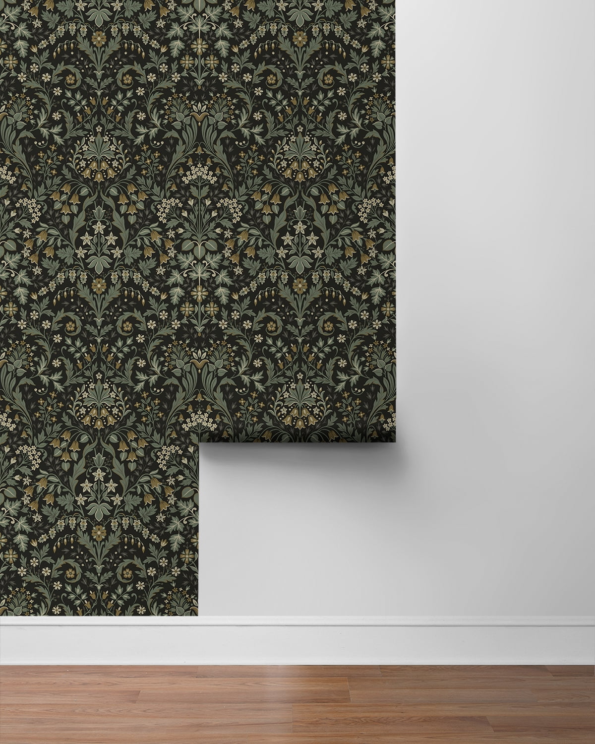 NextWall Ebony & Sage Filigree Floral Peel and Stick Wallpaper - 20.5 in. W x 9 ft. L Roll