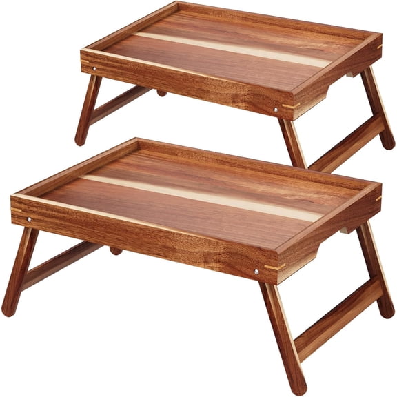 2 Pack Acacia Wood Bed Tray Table with Folding Legs Breakfast Trays Serving Tray for Food and Snack Laptop Trays for Working(Natural)