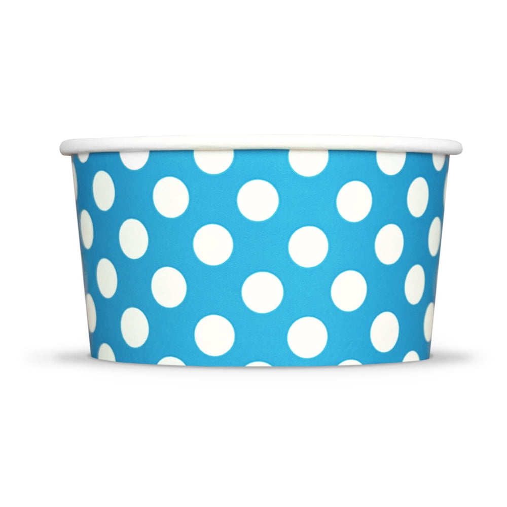 Blue Paper Ice Cream Cups 6 oz Polka Dotty Dessert Bowls Comes In Many Colors & Sizes