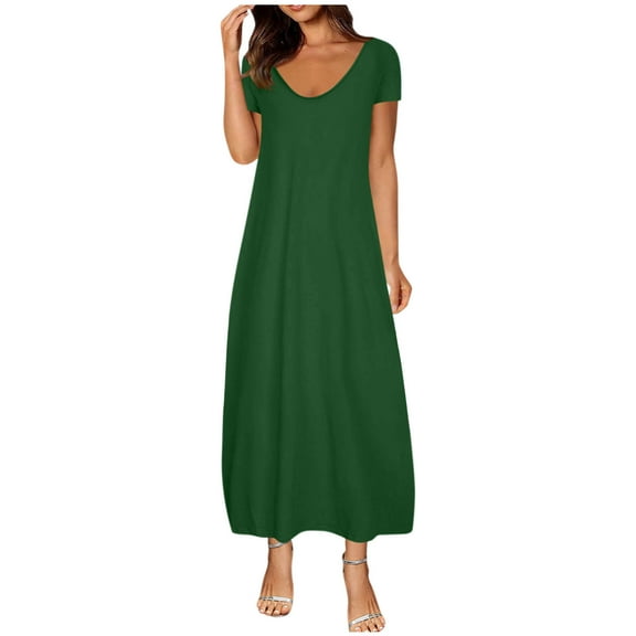 Women's Short Sleeve Maxi Dress V Neck Loose Fit Pleated Casual Summer A-line Long Dresses with Side Pockets