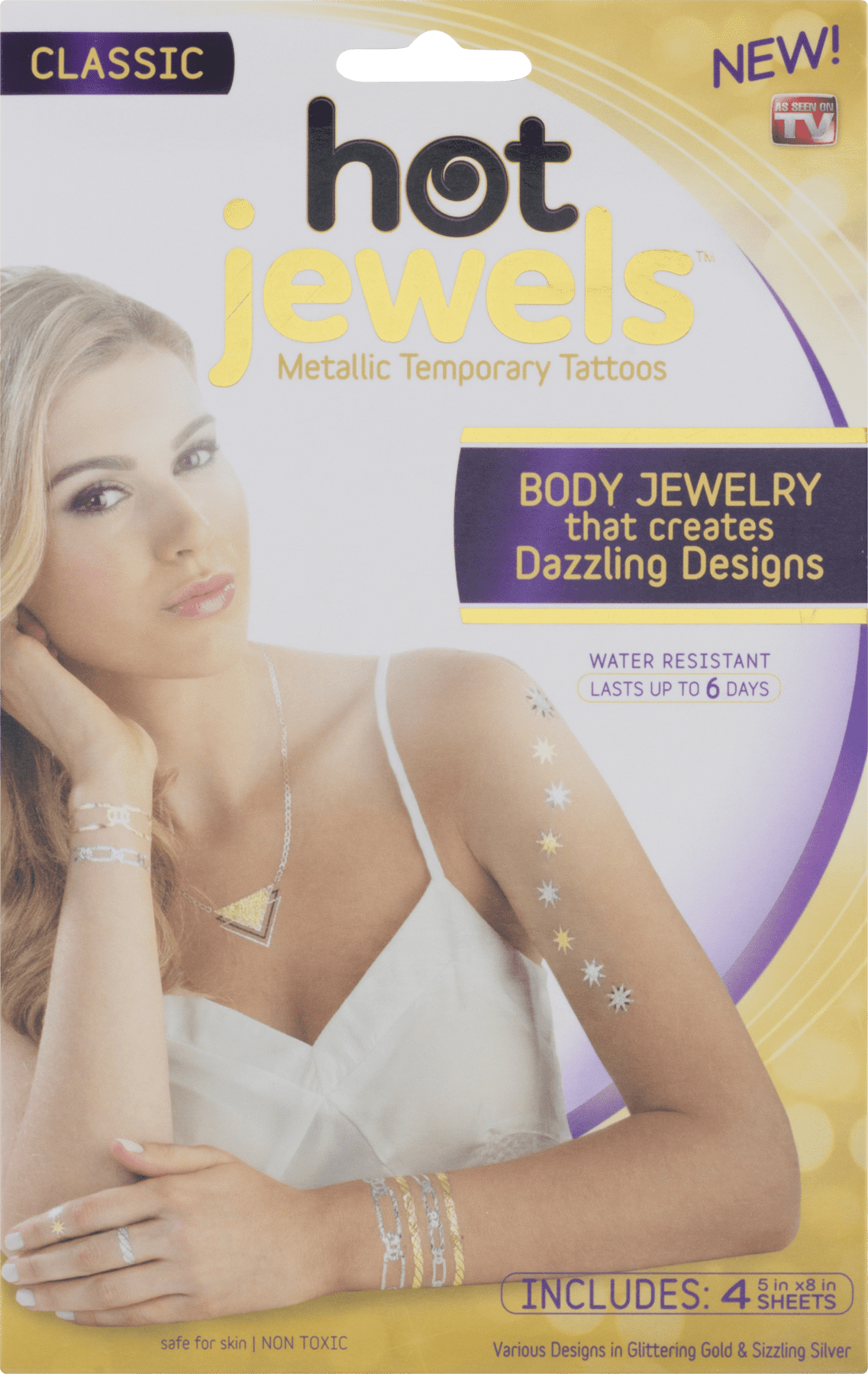 Hot Jewels Metallic Temporary Tattoos, Dazzle with Body Jewelry, 4 Sheets, as Seen on TV, Multi-colored