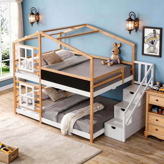 LJAN Full over Full Bunk Bed House Bed With Roof Windows Blackboard And Storage Ladder Platform Bed,bed Frame