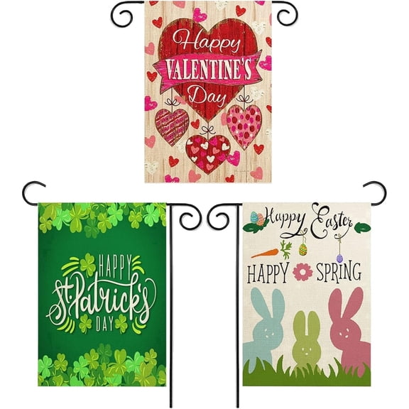 Sinkoo Valentine Garden Flag St Patricks Day Garden Flag Easter Garden Flags 3 Pack Outdoor Decorations for Seasonal Home Yard Spring