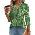 thumbnail image 2 of Boho Print Blouse for Women, V-Neck 3/4 Sleeve Tunic Top with Button Detail - Loose Fit Bohemian Casual Shirt for Fall & Winter Green S, 2 of 7