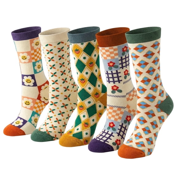 Kicpot 5-Pairs Colorful Socks For Women Patterned Crew Socks Smiley Face Colorful Socks