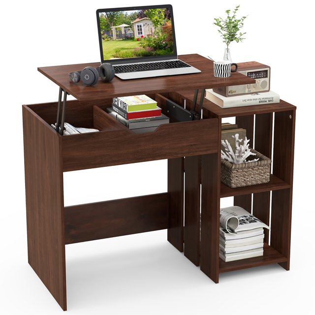 Costway Lift Top Computer Desk Standing Desk with Hidden Compartments & Storage Shelves
