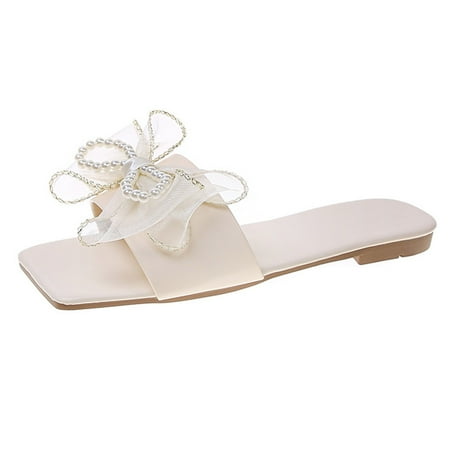 

XINSHIDE Women Slippers Female Shoes Fashion Pearl Double Bow Summer Square Open Toe Slide Sandals Slip On Slipper Fashion Shoes
