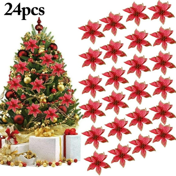 Decoration Noel Sapin, 24Pcs Ornement Sapin Noël Lot déco Noël Glitter Artificielles Fleurs de Noel pour la fête de Mariage Décorations de Noël