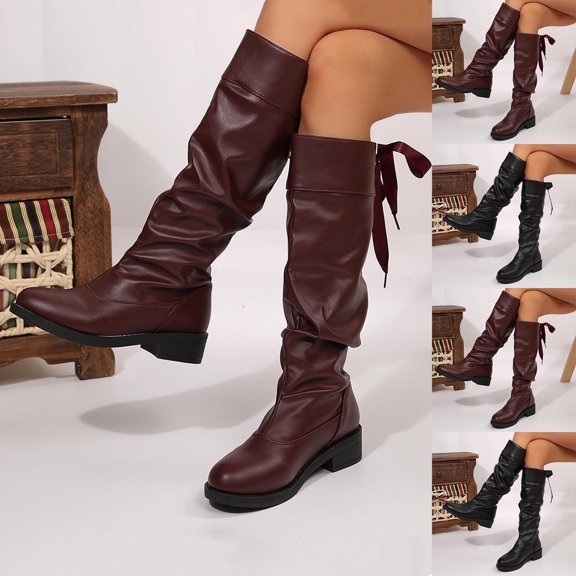 LOVZFMLL Boots for Women Mid Calf Winter Boots Lace Up Round Toe Adjustable Straps Low Block Heel Leather Fall Winter Fashion