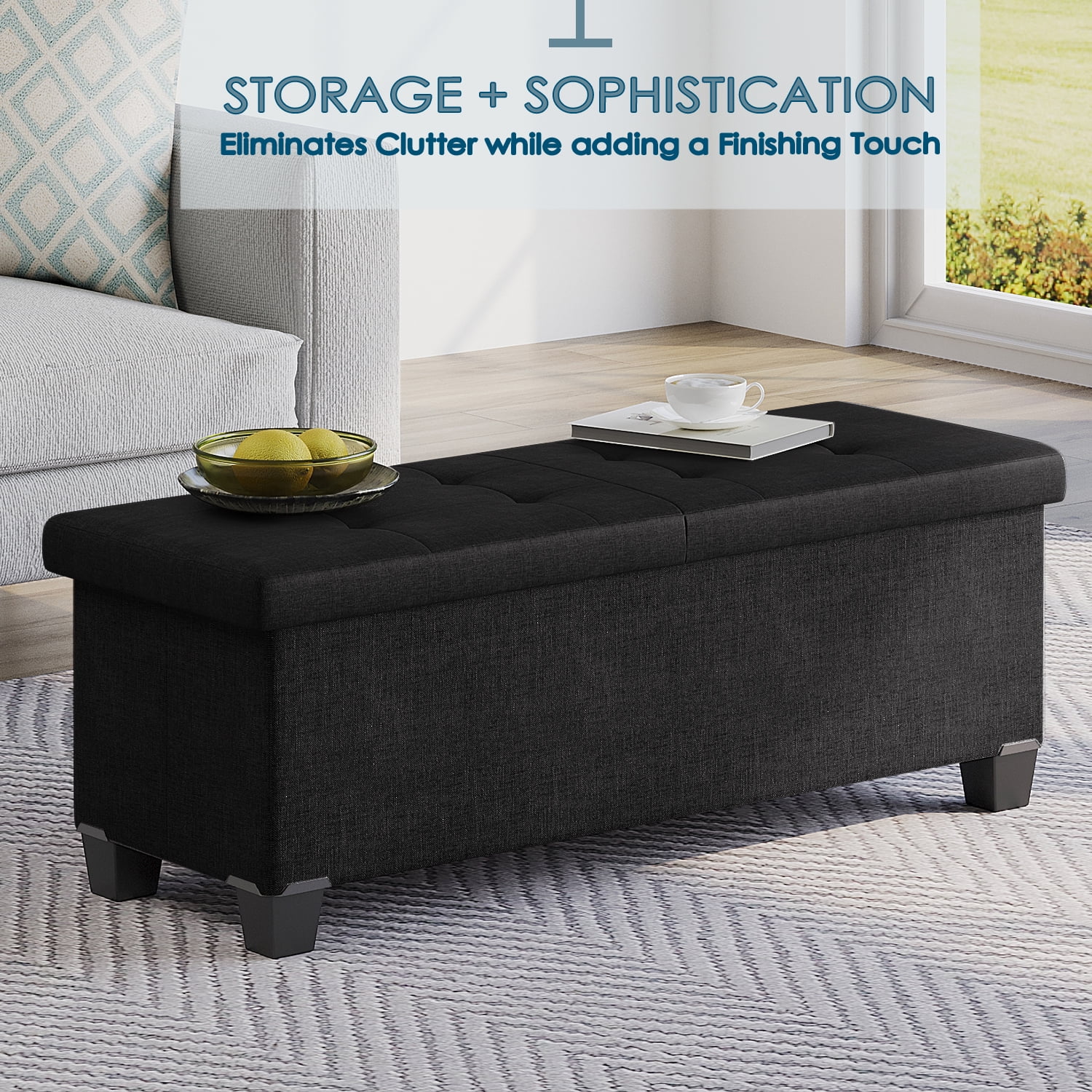 StorageBud Ottoman with Storage Bench, 43-inch Storage Ottoman, Linen, White