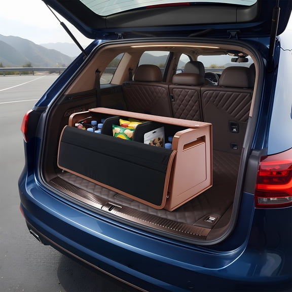 Large Trunk Organizer for SUV Sedan, 70x33x31.5cm Car Storage Organizer with Lid, Collapsible Multi-Compartment Cargo Box, Coffee Color