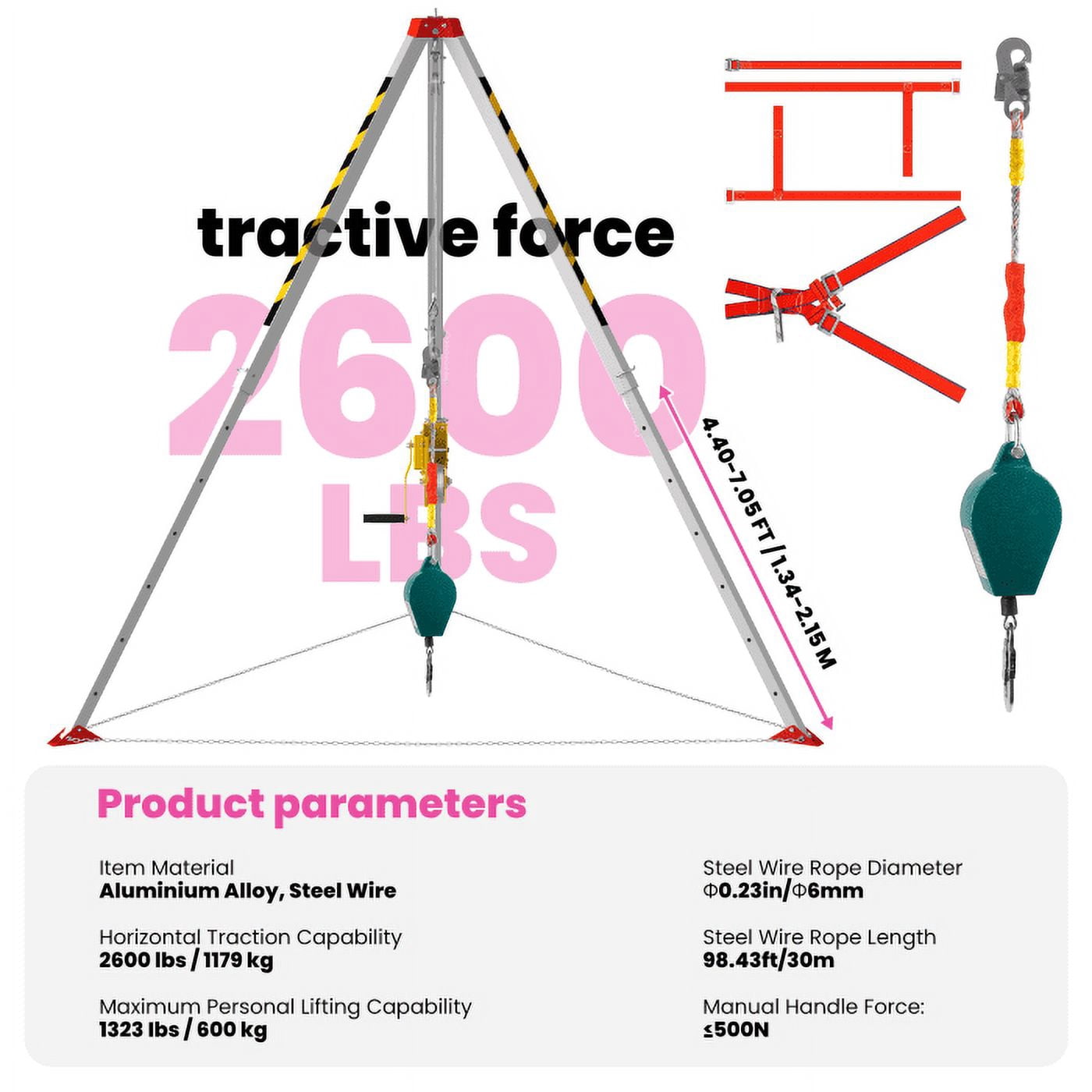 2600LBS Manhole Tripod, 33kg Portable, Quick Adjustment, Complete Kit, Tripod for Confined Spaces, Confined Space Tripod Kit, Shaft, Pipe, Industrial Environments