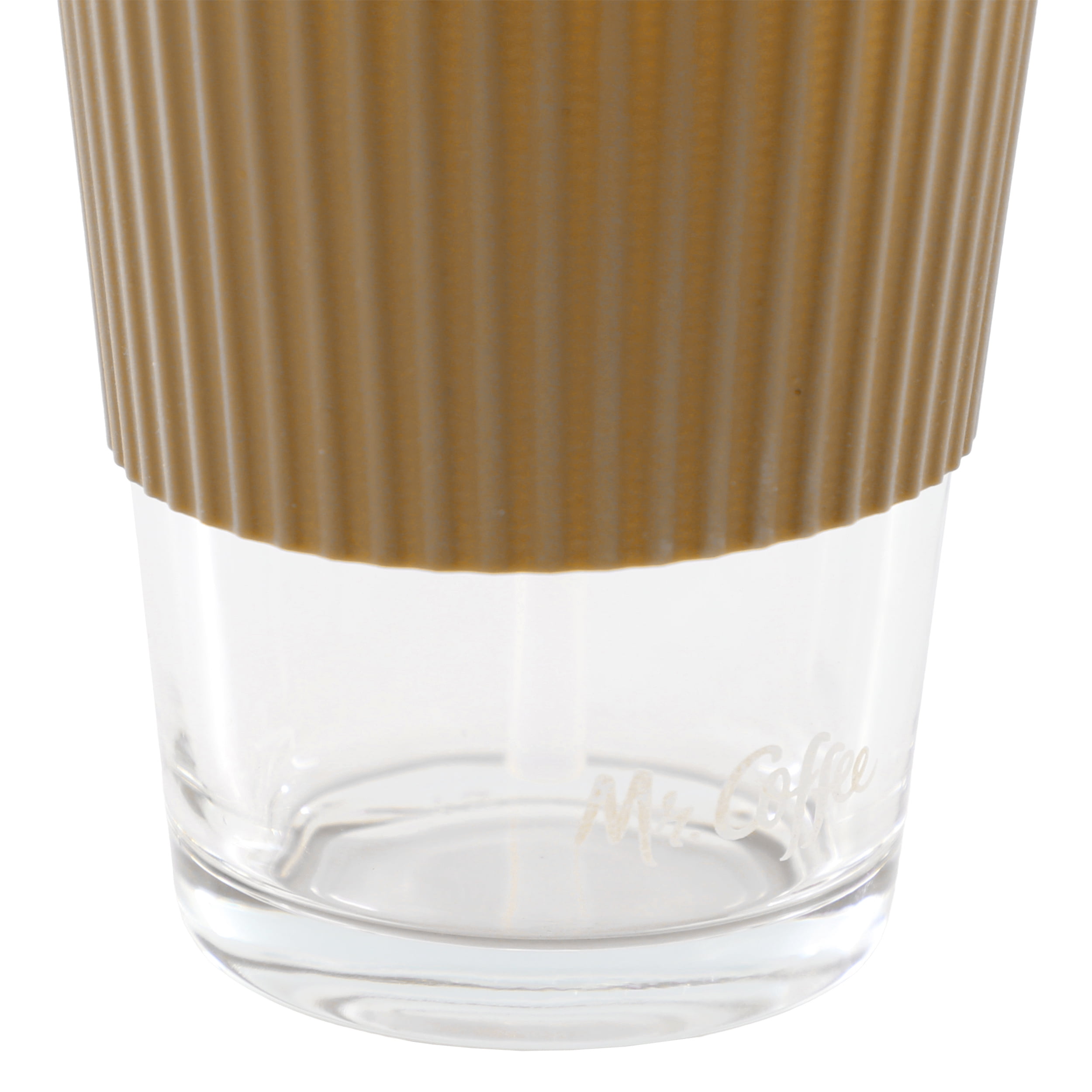 Mr. Coffee Sip Savvy 4 Piece 15 Ounce Silicone Sleeve Glass Cup Set w/ Lid and Straw in Brown
