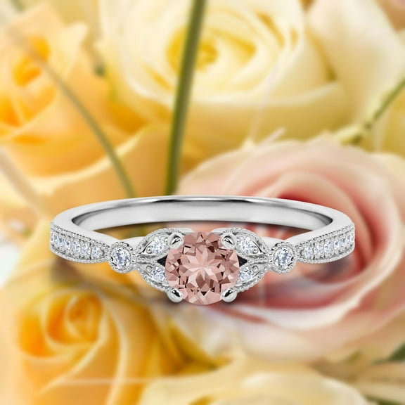 Unique Boho & hippie 1.50 Carat Round Cut Morganite And Diamond Moissanite Engagement Ring, Wedding Ring in 925 Sterling Silver With 18k White Gold Plating, Leaf Ring, Promise Ring, Anniversary Gift