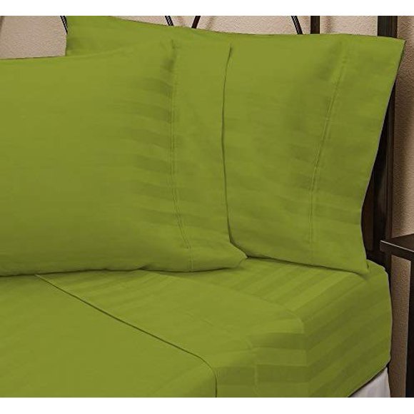 Linen Store 26-30 inches Extra Fit Deep Pocket Hotel Finish Adjustable Room 1-Piece- Fitted- Sheet Both Pattern Solid/Stripe 500 Thread Count 100% Pima Cotton (Cal-King, Stripe,Parrot Green).