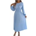 thumbnail image 3 of TaTaai Women Dress Solid Color Crew Neck Ruffle Long Sleeve Smocked Waist Pleated Maxi Casual Ladies Daily Office Wear Soft Machine Washable Versatile Dress Gift, 3 of 8
