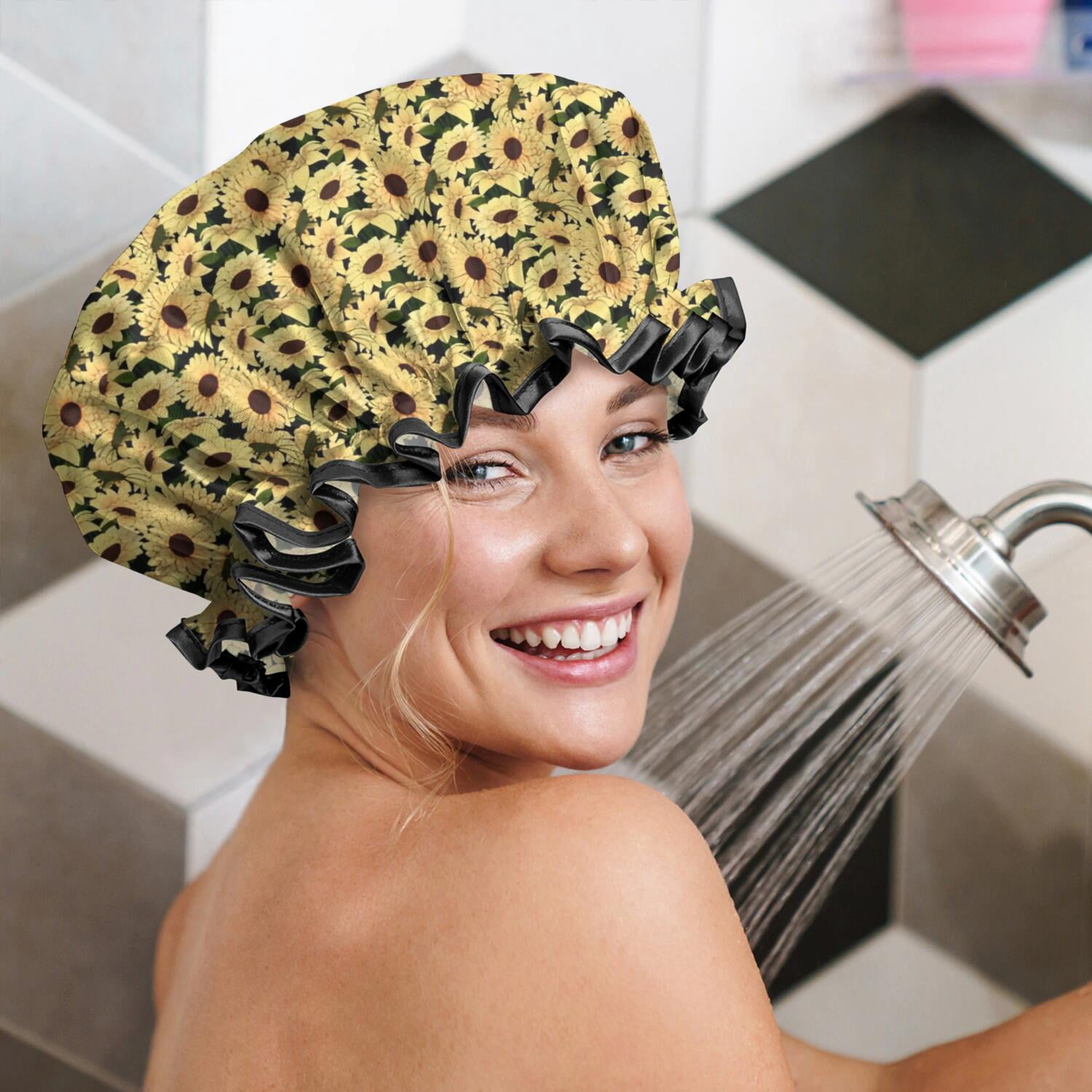 Shower Caps,Yellow Sunflower Pattern Waterproof Shower Cap for Women 4 Pieces,Double Reusable Hair Cover for Shower PEVA Elastic Stretch Hem