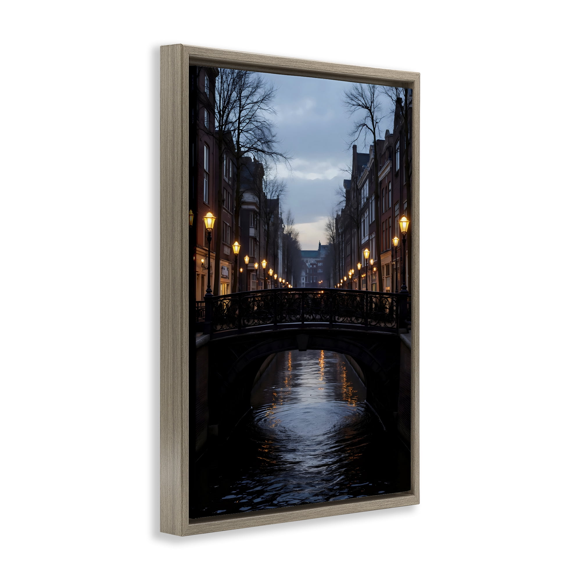 Stupell Industries Lantern Light over Quiet Canal Brown Framed Floater Canvas Wall Art, design by Creative Studio