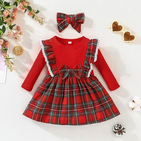 

3M-3T Kids Baby Girl Long Sleeve Red Plaid One-piece Dress Christmas Party Princess Tutu Dresses + Headband Xmas Outfits