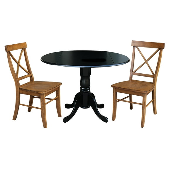International Concepts Solid Wood 3-Piece Dining Set with 42 in. Dual Drop Leaf Table and 2 Cross Back Dining Chairs in Black/Pecan