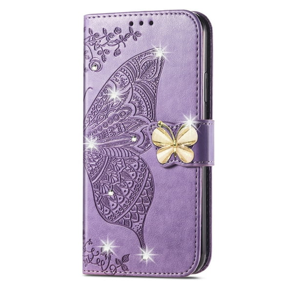 Dteck for iPhone 11 Case Wallet for Women, Flip Folio Cover with Butterfly Embossed Diamond PU Leathe Stand Card Holder Protective Case with Wrist Strap,Purple