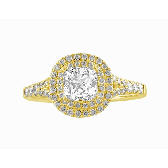 Arista 1.25 ct Cushion cut Swarovski Diamonds Double Halo Engagement Ring in Yellow plated Sterling Silver
