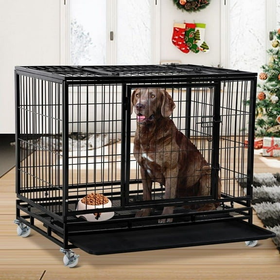 Dkelincs 48 inch Heavy Duty Dog Crate Large XXL Dog Cage and Kennel with Double Doors Easy to Clean Metal Wire Crates Pet Animal Segregation Cage Crate with Plastic Tray & Wheels for Dog Training