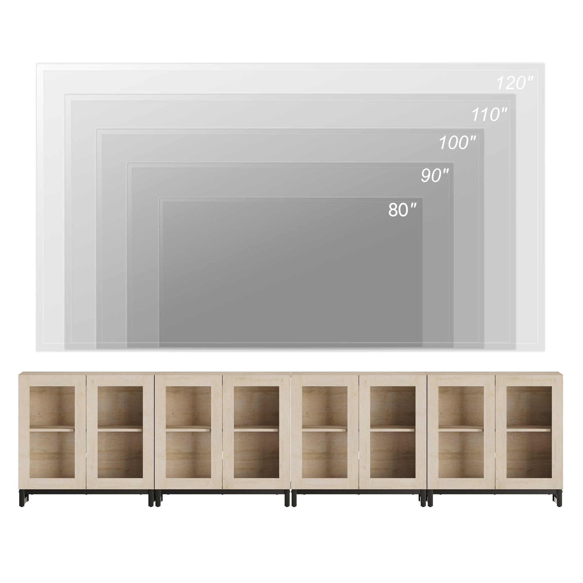 Modern 4-in-1 Modern TV Stand, Tempered Glass Doors Entertainment Center with Adjustable Shelves & Sturdy Metal Base, Media Console for up to 120 Inch TVs, Beige