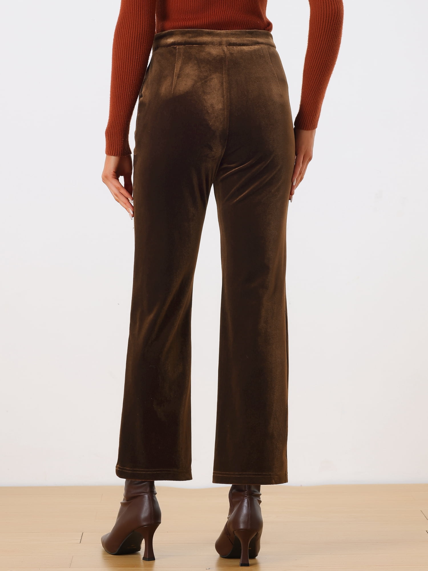 DARING DIVA Women's Elegant Velvet High Waist Trousers Work Pants M Brown